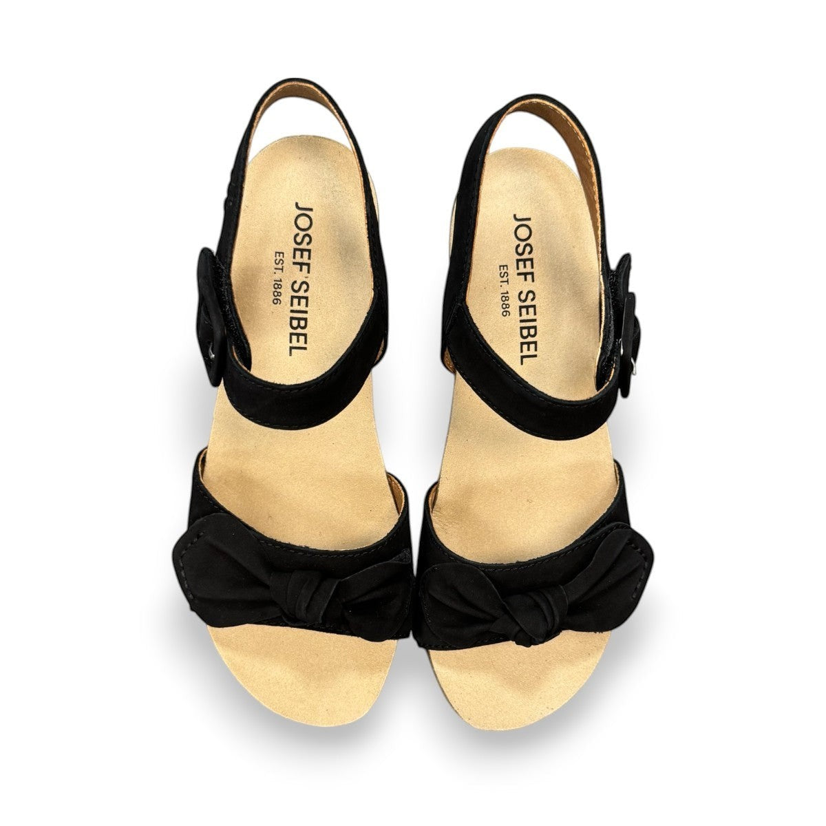 Josef Seibel Grace 11 black leather sandal with adjustable straps and cork latex block heel. photo of the top.