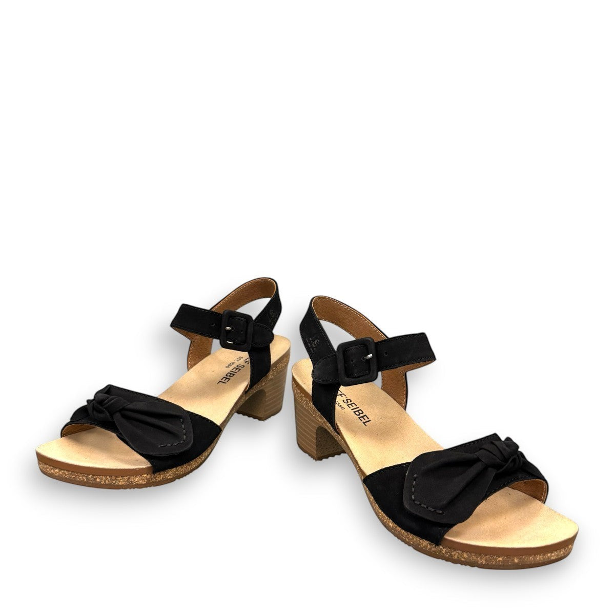 Josef Seibel Grace 11 black leather sandal with adjustable straps and cork latex block heel.photo of the front.