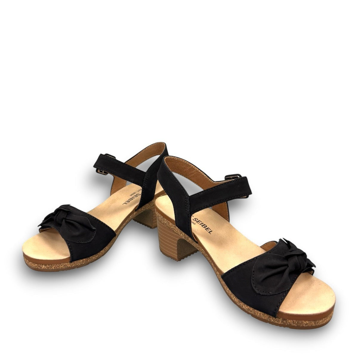 Josef Seibel Grace 11 black leather sandal with adjustable straps and cork latex block heel.
photo of the front.