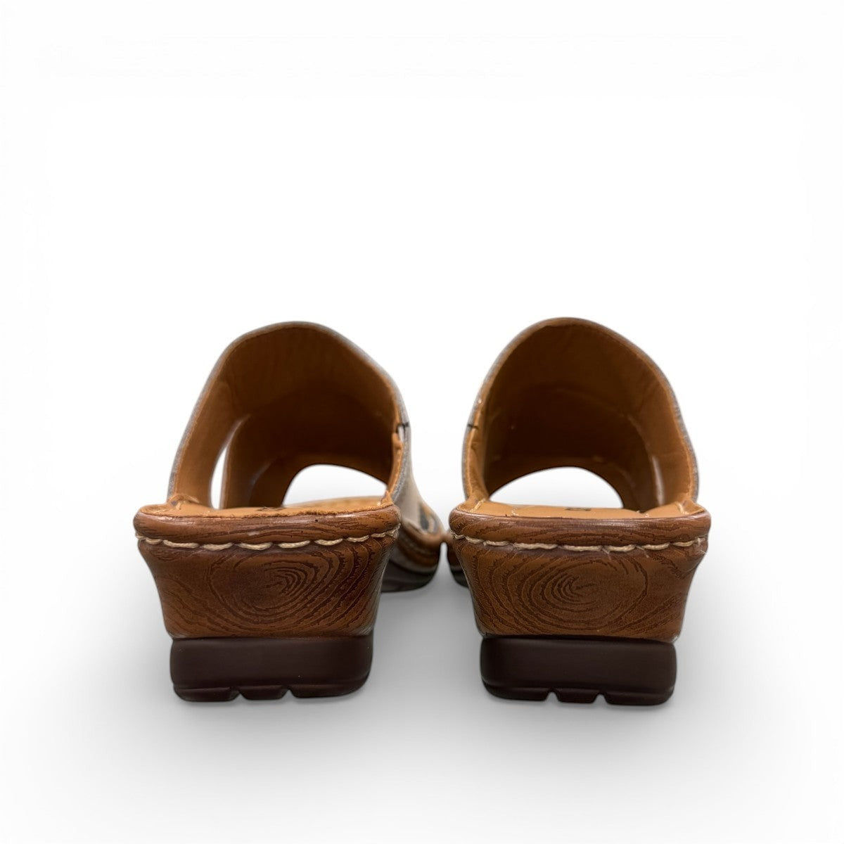 Josef Seibel Catalonia 86 wedge sandals in ocean blue and white leather with a slip-on design. photo of the back.