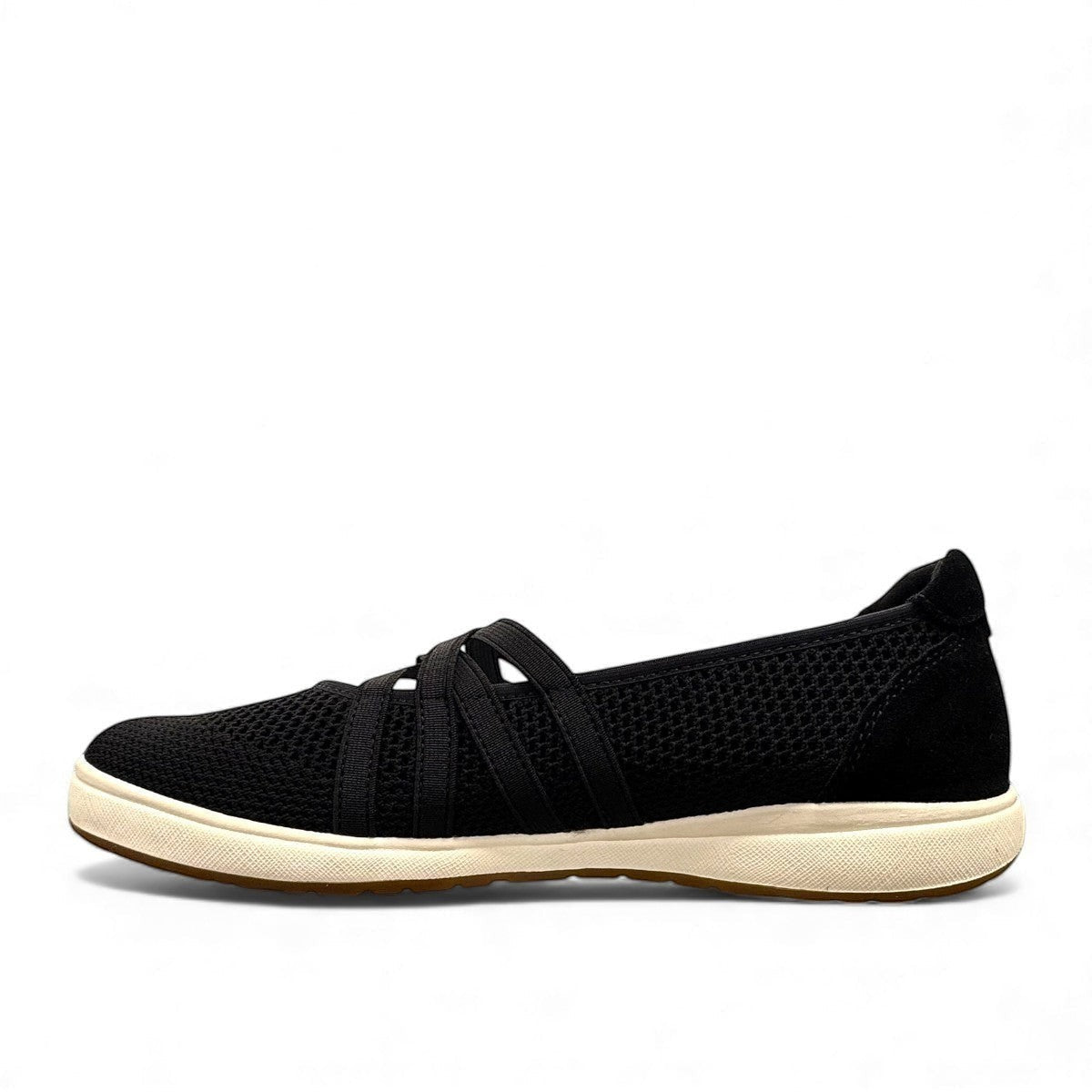Josef Seibel Caren 67 black leather slip-on shoes showing the flexible brown TR-light patterned soles