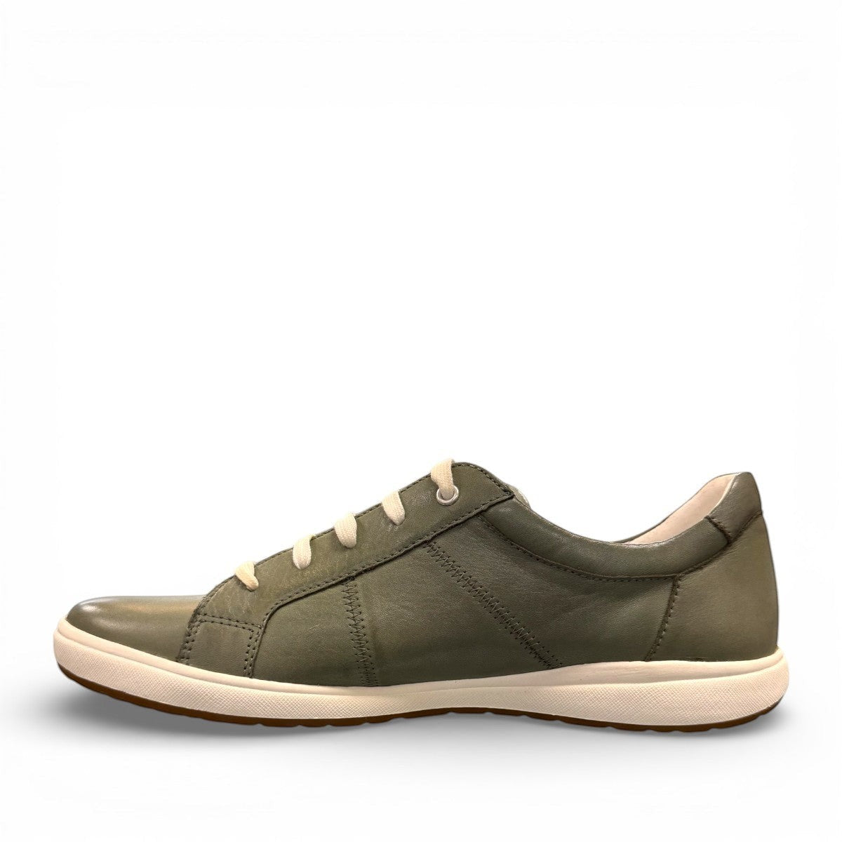 Josef Seibel Caren 01 mint green leather lace-up sneaker with perforated side detail and rubber sole. photo of the left side.