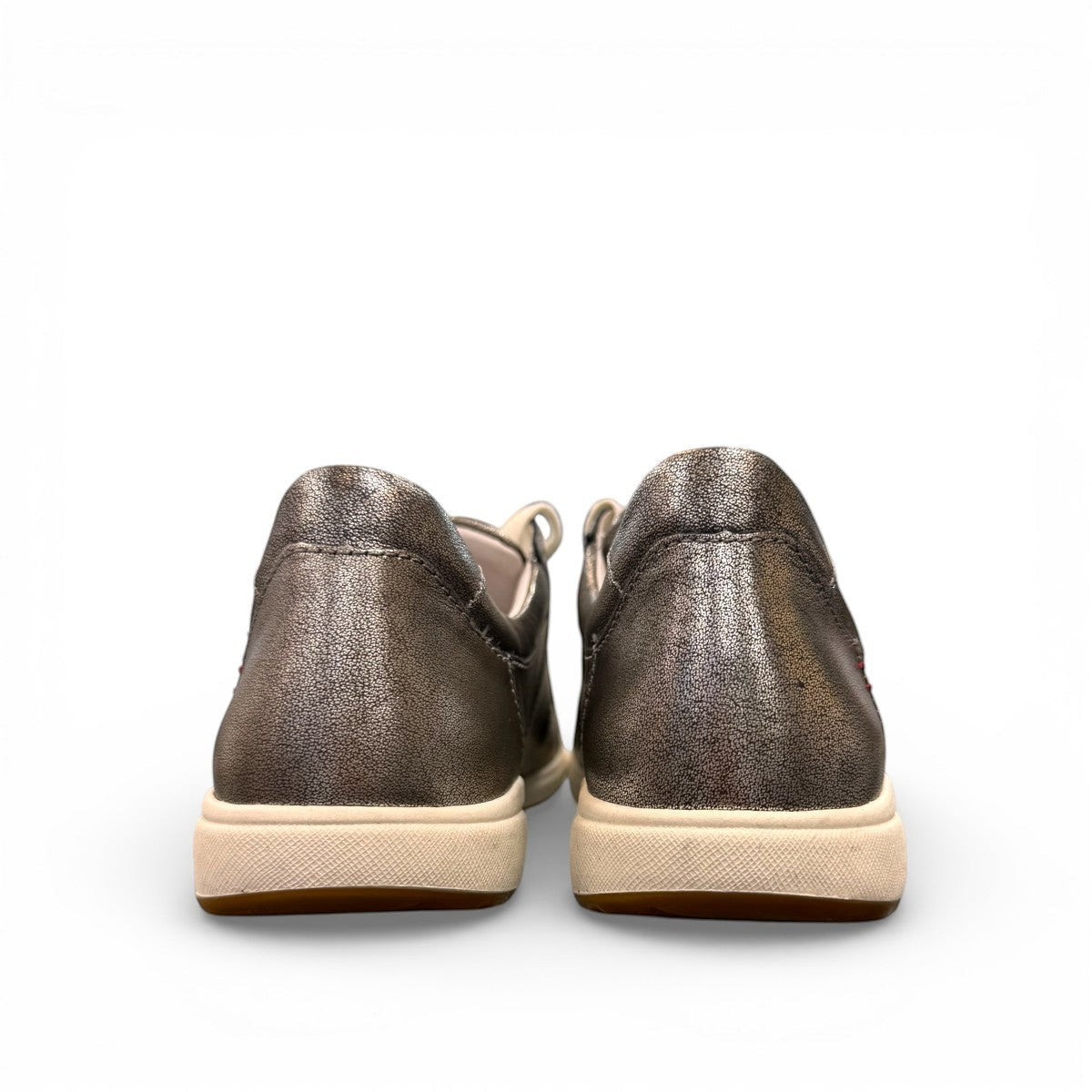 Josef Seibel Caren 01 platinum metallic leather lace-up sneaker with perforated side detail. photo of the back