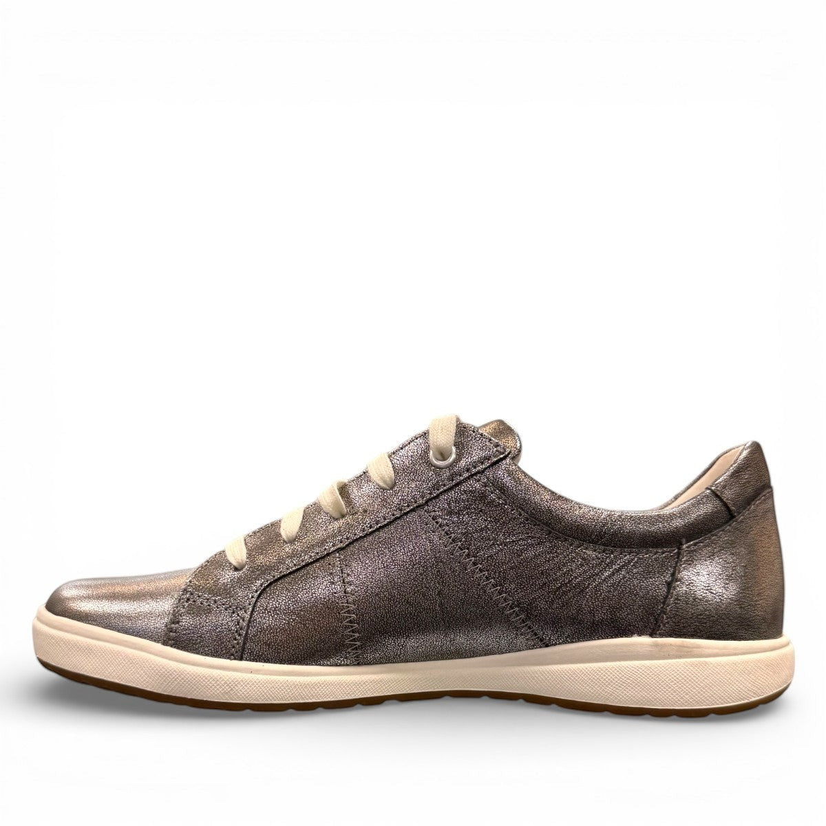 Josef Seibel Caren 01 platinum metallic leather lace-up sneaker with perforated side detail. photo of the left side.