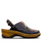 JOSEF SEIBEL Catalonia 83 indigo leather clogs with a decorative buckle and sturdy wood-look PU sole.