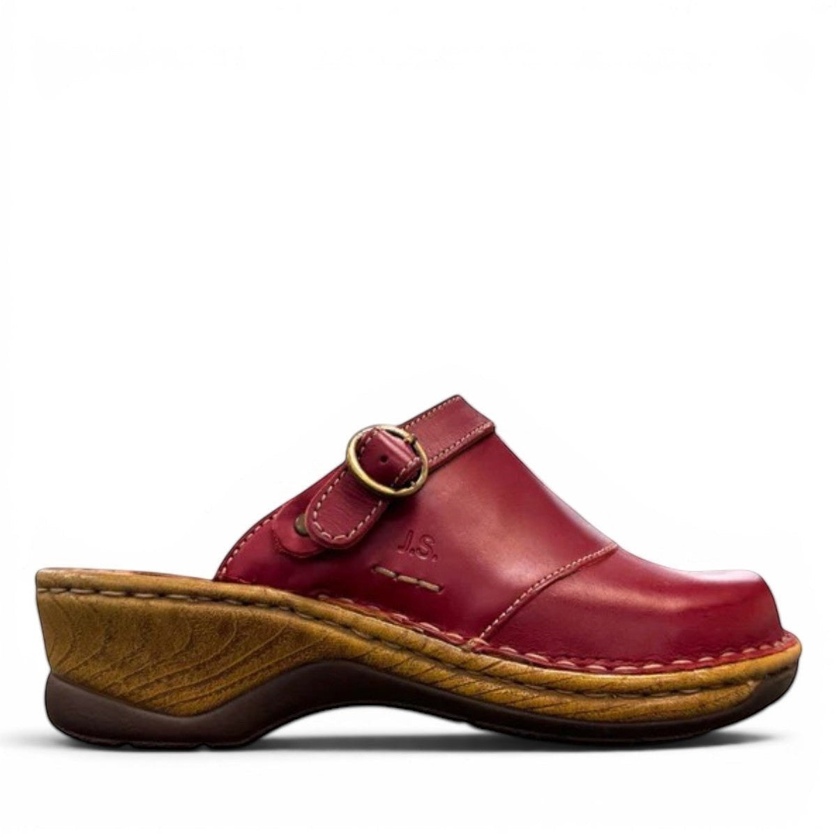 JOSEF SEIBEL Catalonia 83 red leather clog with decorative buckle and durable wood-look PU sole. Photo of the front.