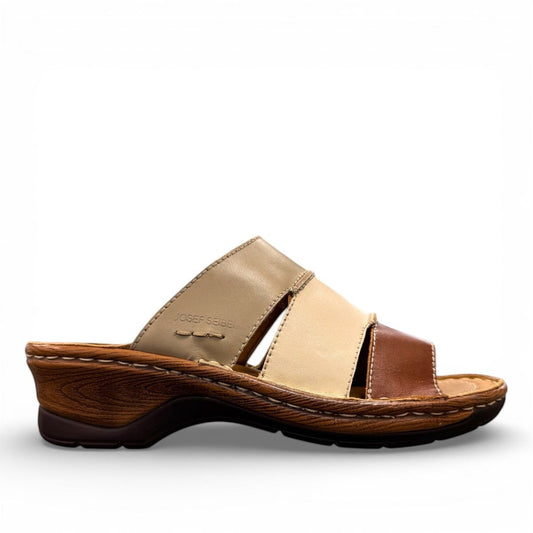 Josef Seibel Catalonia 86 cognac and beige leather wedge slide sandals with open toe design. photo of the right side.