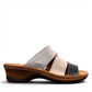 Josef Seibel Catalonia 86 wedge sandals in ocean blue and white leather with a slip-on design. 
photo of the right side.