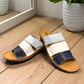 Josef Seibel Catalonia 86 wedge sandals in ocean blue and white leather with a slip-on design.
photo of the front.