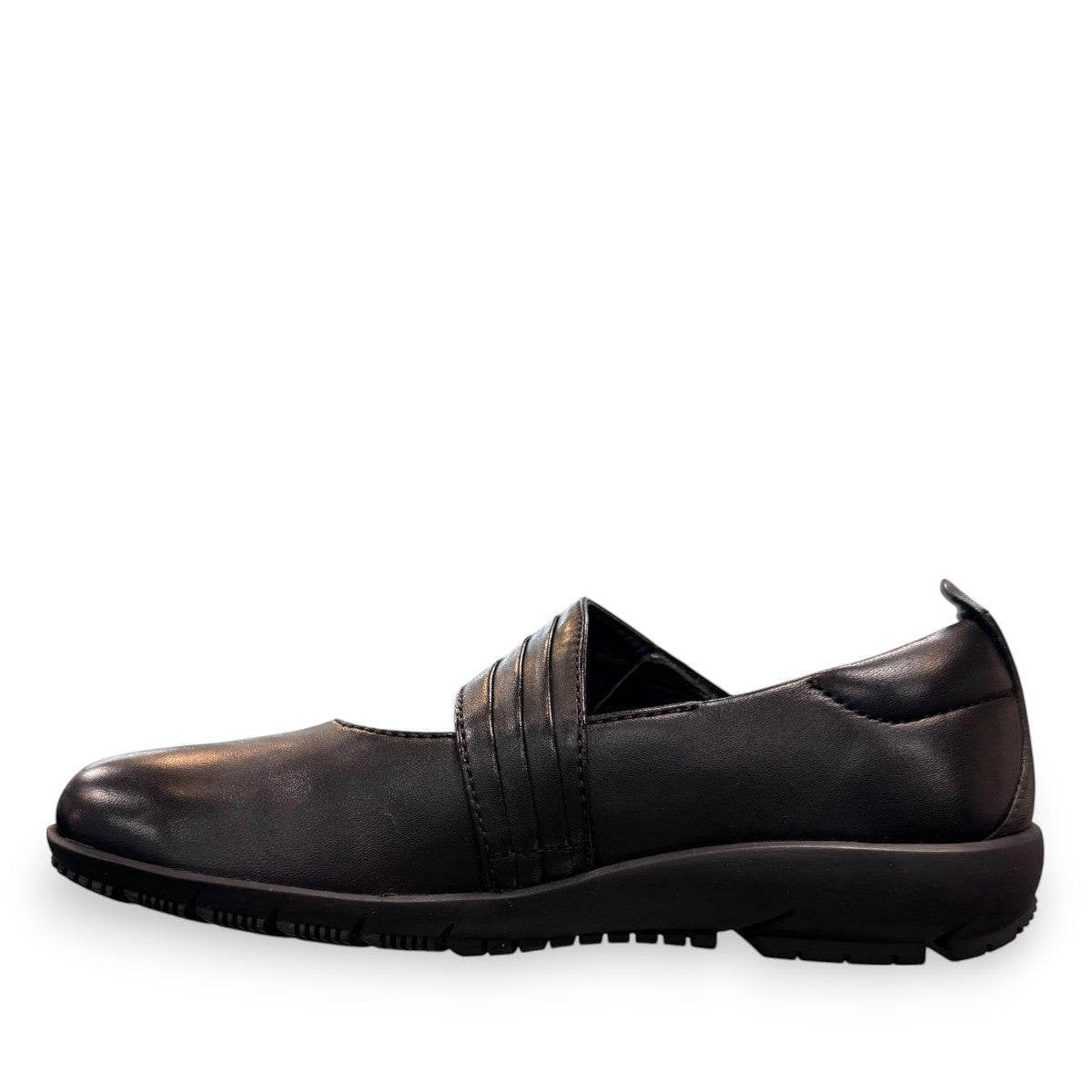 Josef Seibel Charlotte 03 black leather mary jane shoe with a side strap and durable rubber sole. photo of the left side.