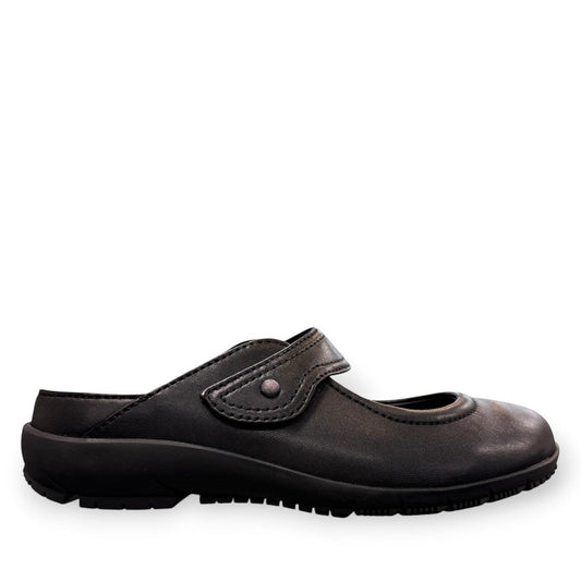Josef Seibel Charlotte 04 black leather slip-on shoe with a comfortable rubber sole and strap detail. photo of te right side.