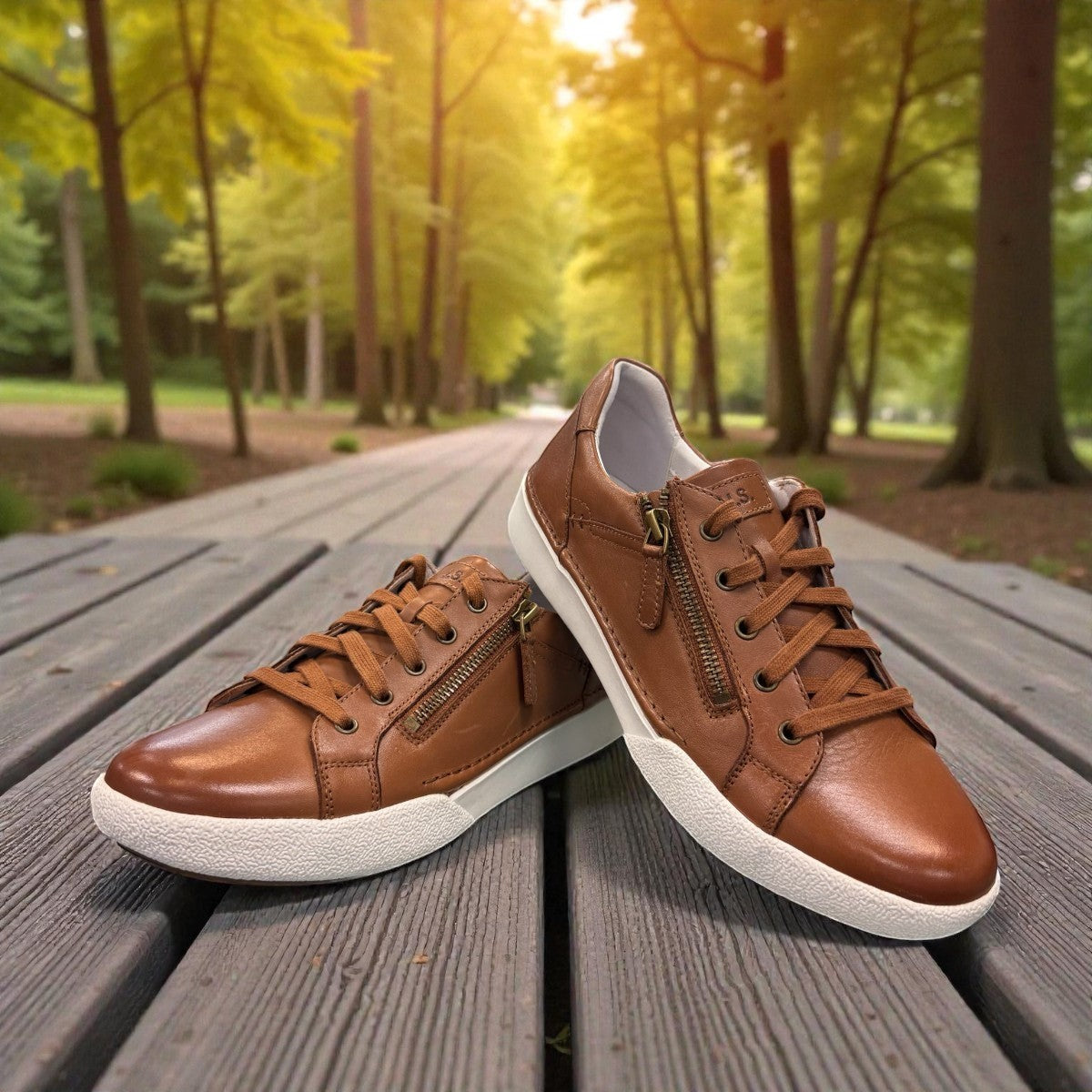 Josef Seibel Claire 03 camel calf leather sneaker with side zipper and white rubber sole