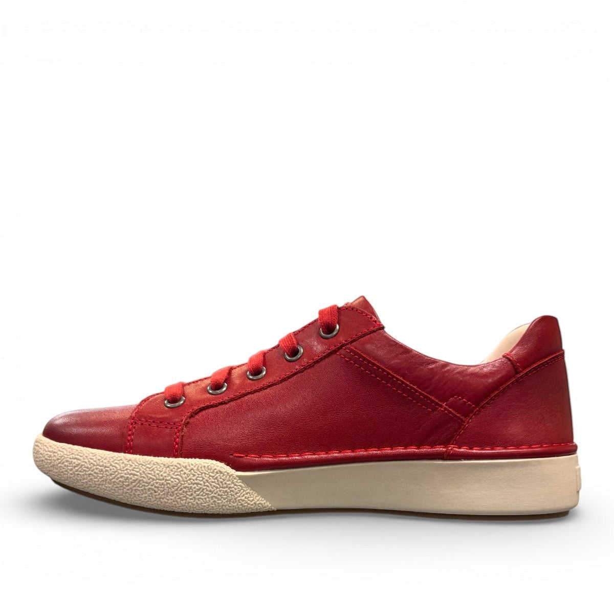 Josef Seibel Claire 03 hibiscus red leather sneaker with side zip and white rubber sole. photo of the left.