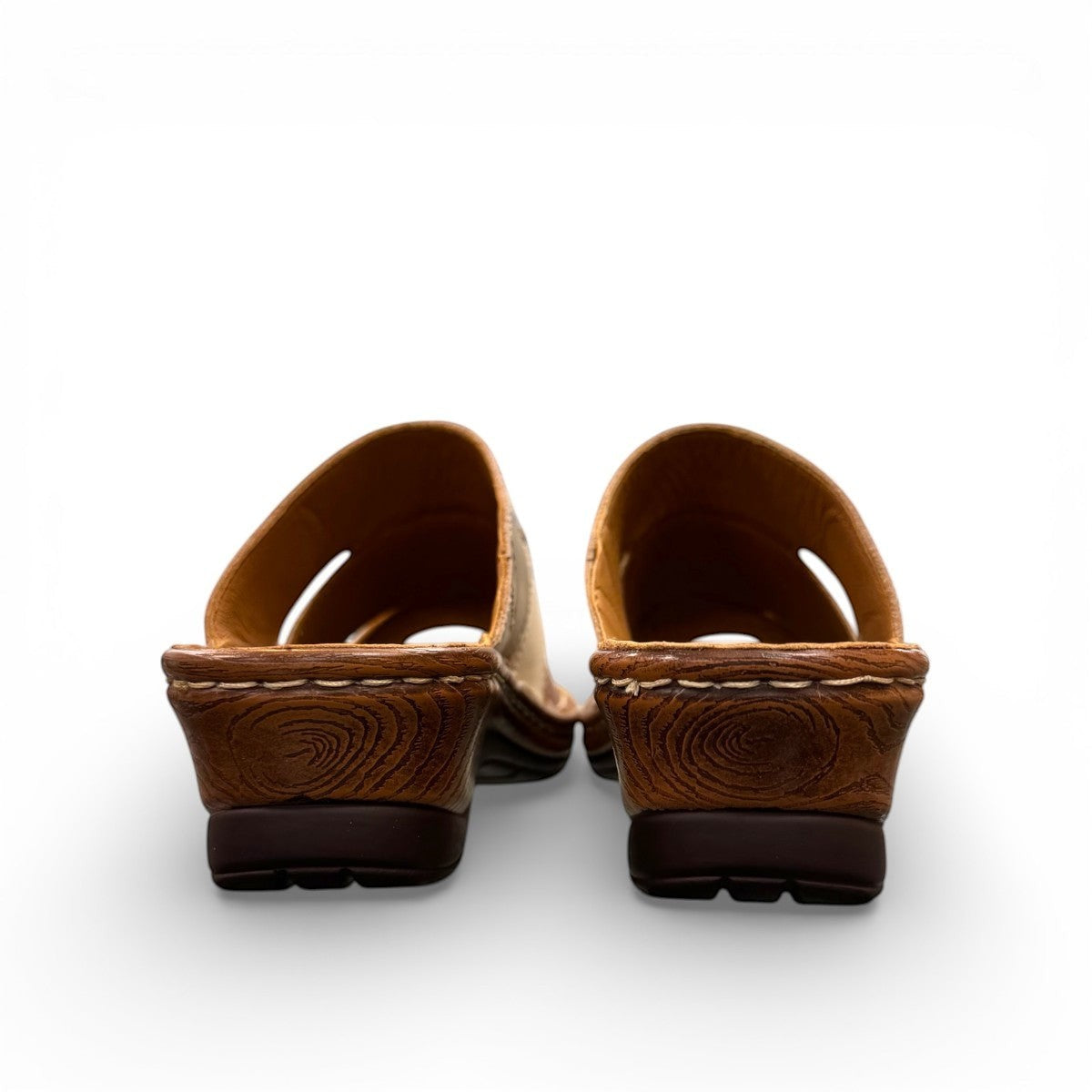 Josef Seibel Catalonia 86 cognac and beige leather wedge slide sandals with open toe design. photo of the back.