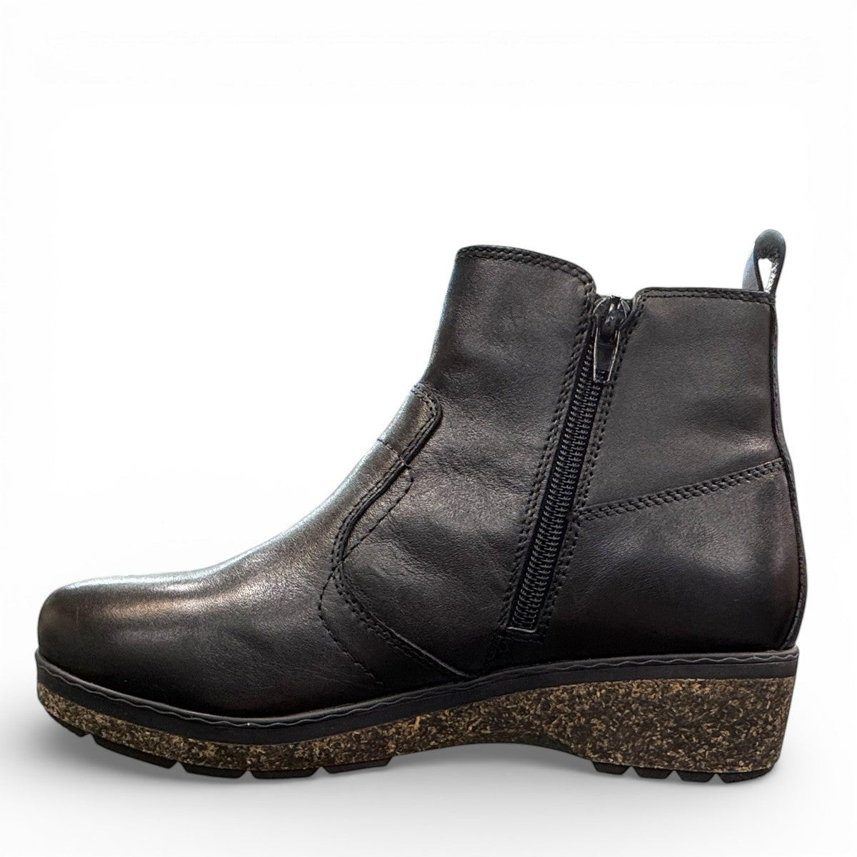 Sina Footwear Josef Seibel Darla 02 black leather ankle boots with side zipper and textured cork wedge sole. photo of the left side.