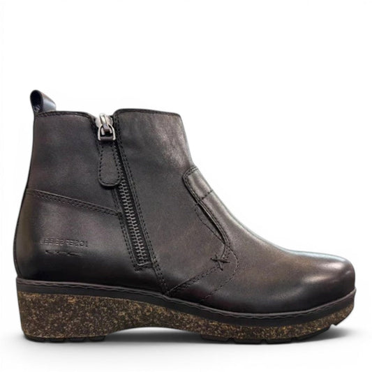 Sina Footwear Josef Seibel Darla 02 black leather ankle boots with side zipper and textured cork wedge sole. photo of the right side.