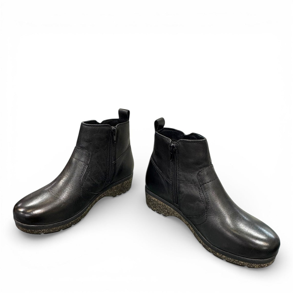 Sina Footwear Josef Seibel Darla 02 black leather ankle boots with side zipper and textured cork wedge sole.
photo of the front.