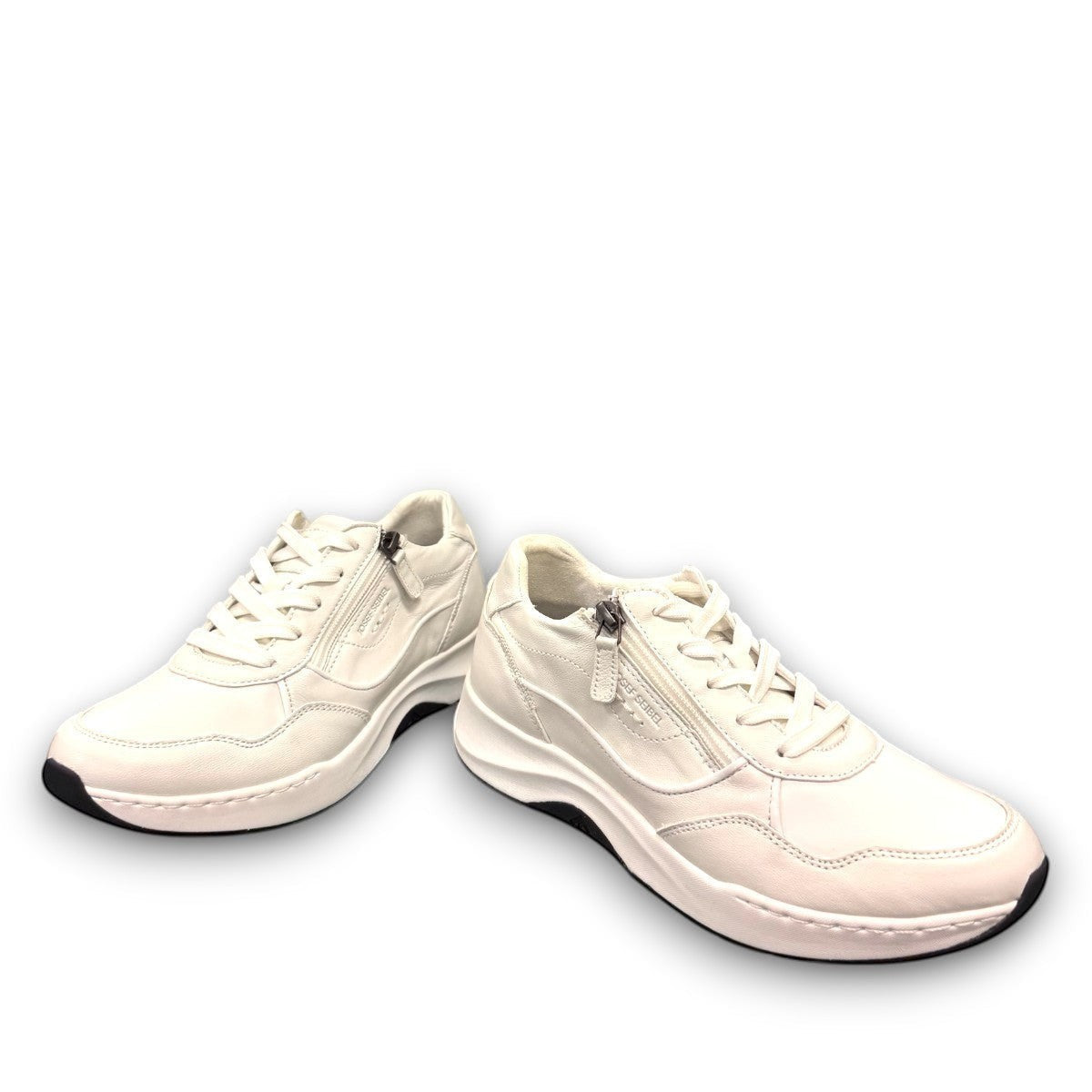 JOSEF SEIBEL ELLI 06 white goat leather sneaker with side zipper, laces, and durable EVA rubber sole.
photo of the front.