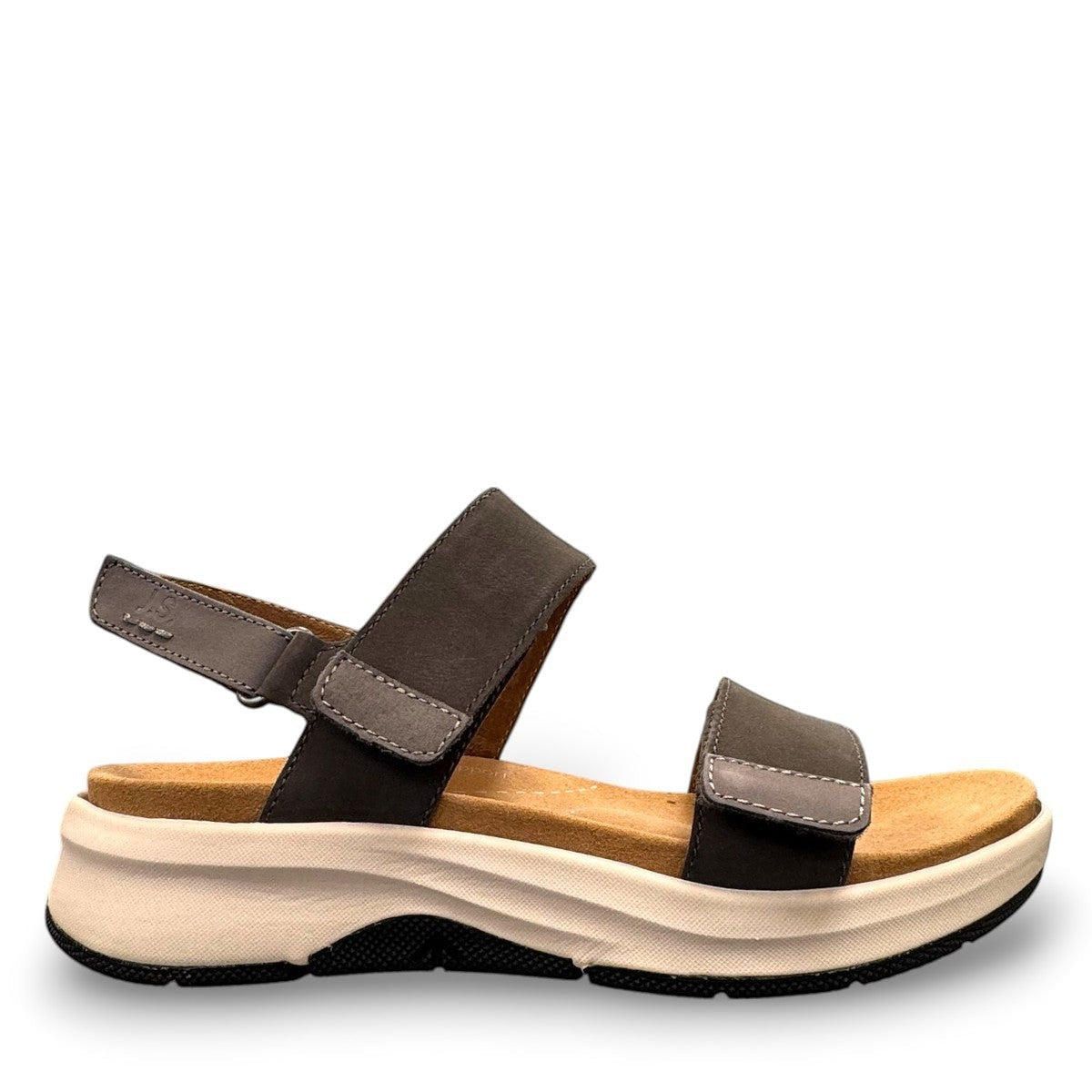 Josef Seibel Estelle 04 grey nubuck leather sandal with adjustable straps and supportive foam footbed.
photo of the right side.