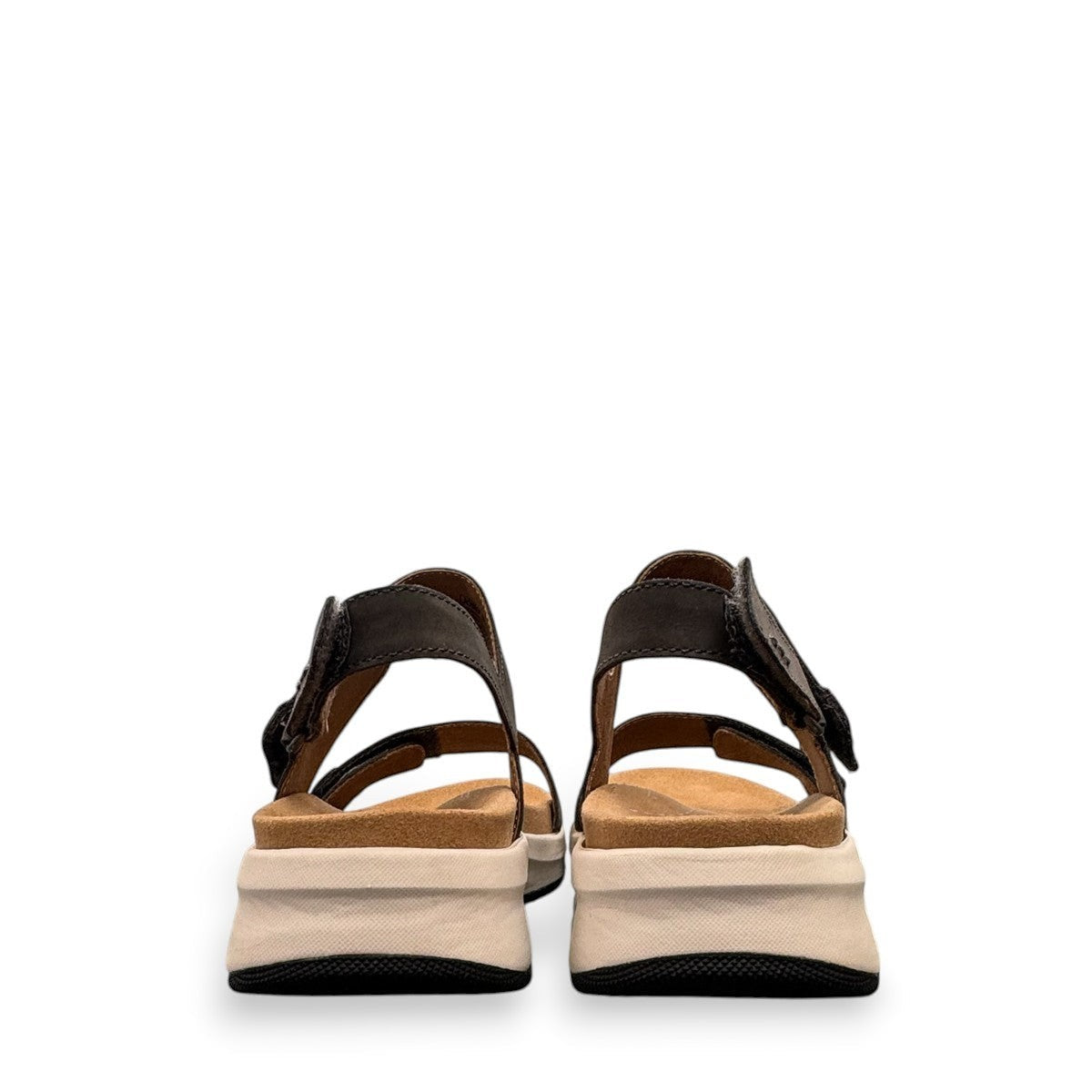 Josef Seibel Estelle 04 grey nubuck leather sandal with adjustable straps and supportive foam footbed.
 photo of the back.