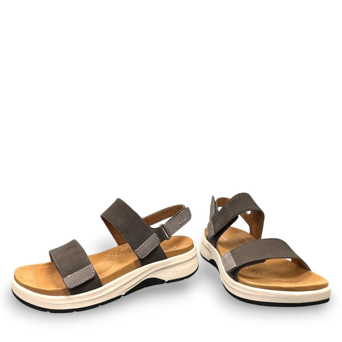 Josef Seibel Estelle 04 grey nubuck leather sandal with adjustable straps and supportive foam footbed.
Photo of the front.
