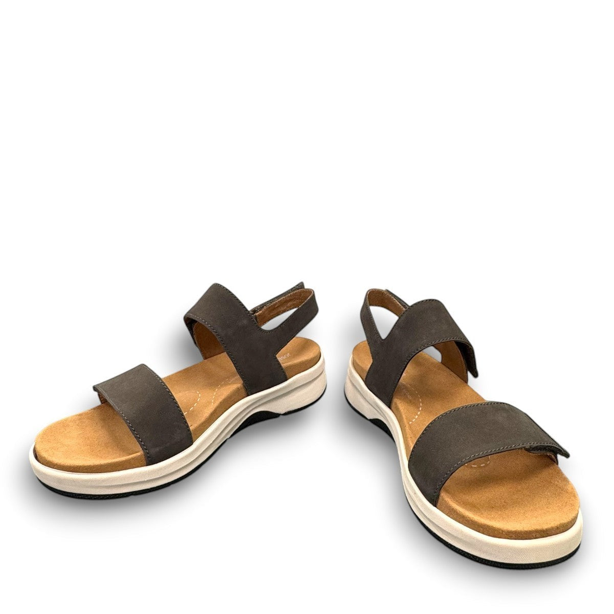 Josef Seibel Estelle 04 grey nubuck leather sandal with adjustable straps and supportive foam footbed.
photo of the front.