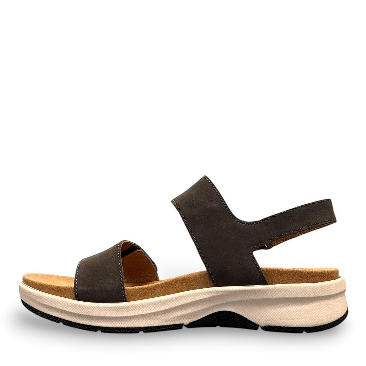 Josef Seibel Estelle 04 grey nubuck leather sandal with adjustable straps and supportive foam footbed.
photo of the left side.