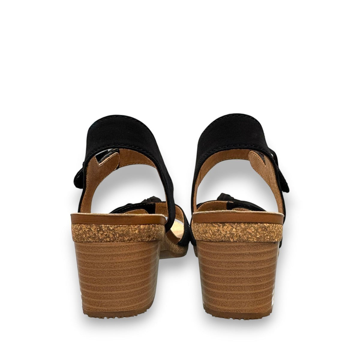 Josef Seibel Grace 11 black leather sandal with adjustable straps and cork latex block heel.
photo of the back.