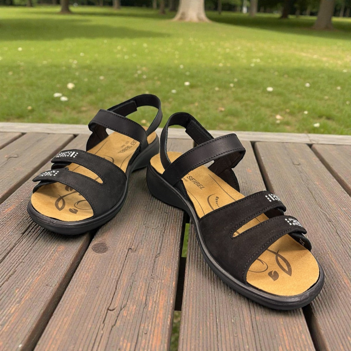 Josef Seibel Ibiza 86 black calf leather sandal with hook-and-loop closure and cushioned PU sole