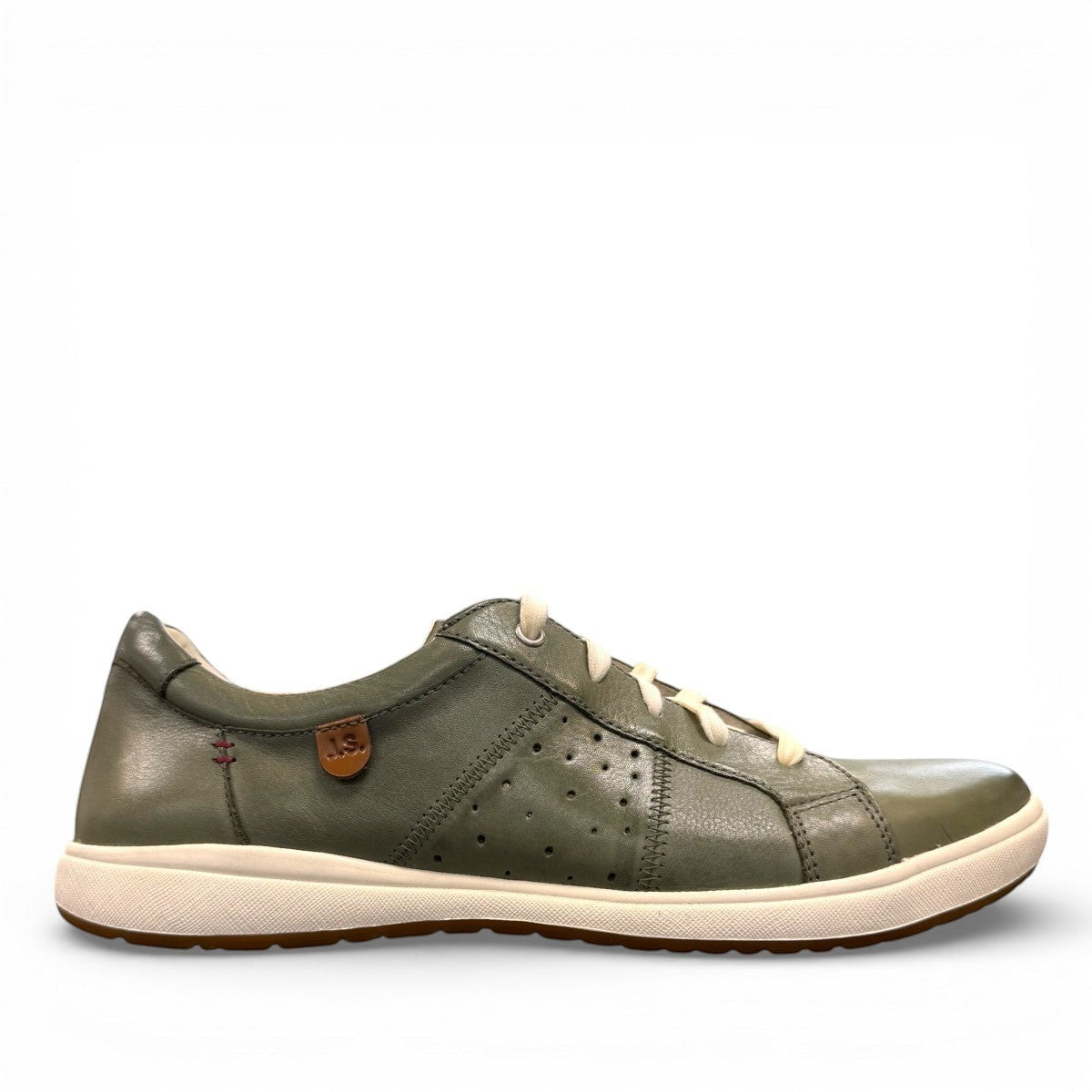 Josef Seibel Caren 01 mint green leather lace-up sneaker with perforated side detail and rubber sole.photo of the right.