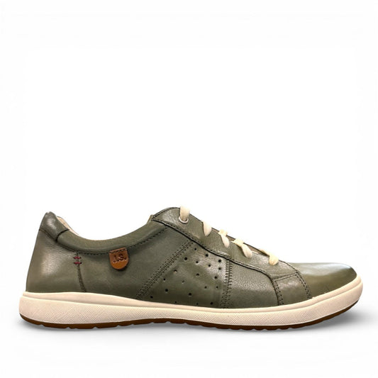 Josef Seibel Caren 01 mint green leather lace-up sneaker with perforated side detail and rubber sole.photo of the right.