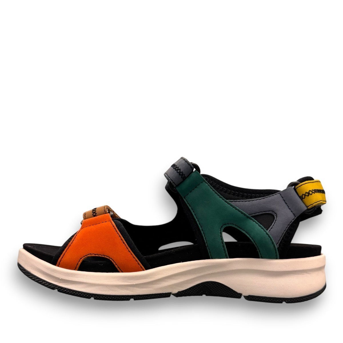 JOSEF SEIBEL Estelle 02 multicolor sporty sandal with adjustable velcro straps and chunky white sole.
photo of the left side.