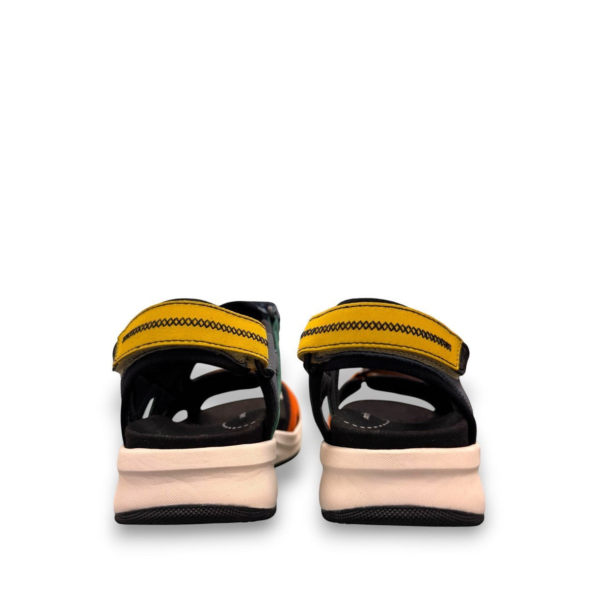 JOSEF SEIBEL Estelle 02 multicolor sporty sandal with adjustable velcro straps and chunky white sole.
photo of the back.