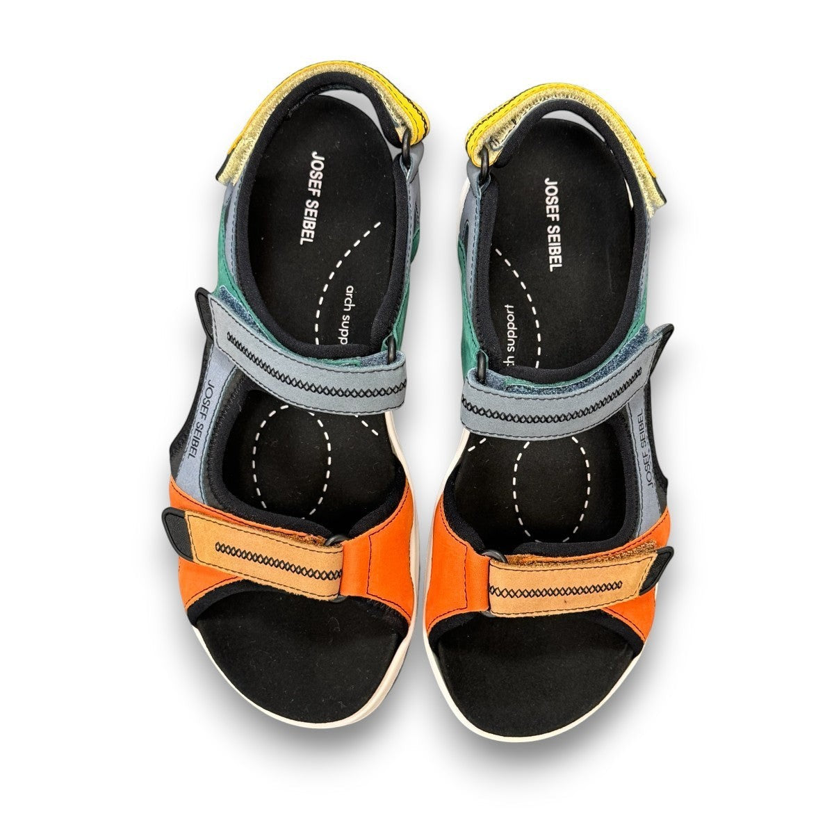 JOSEF SEIBEL Estelle 02 multicolor sporty sandal with adjustable velcro straps and chunky white sole.
photo of the top.
