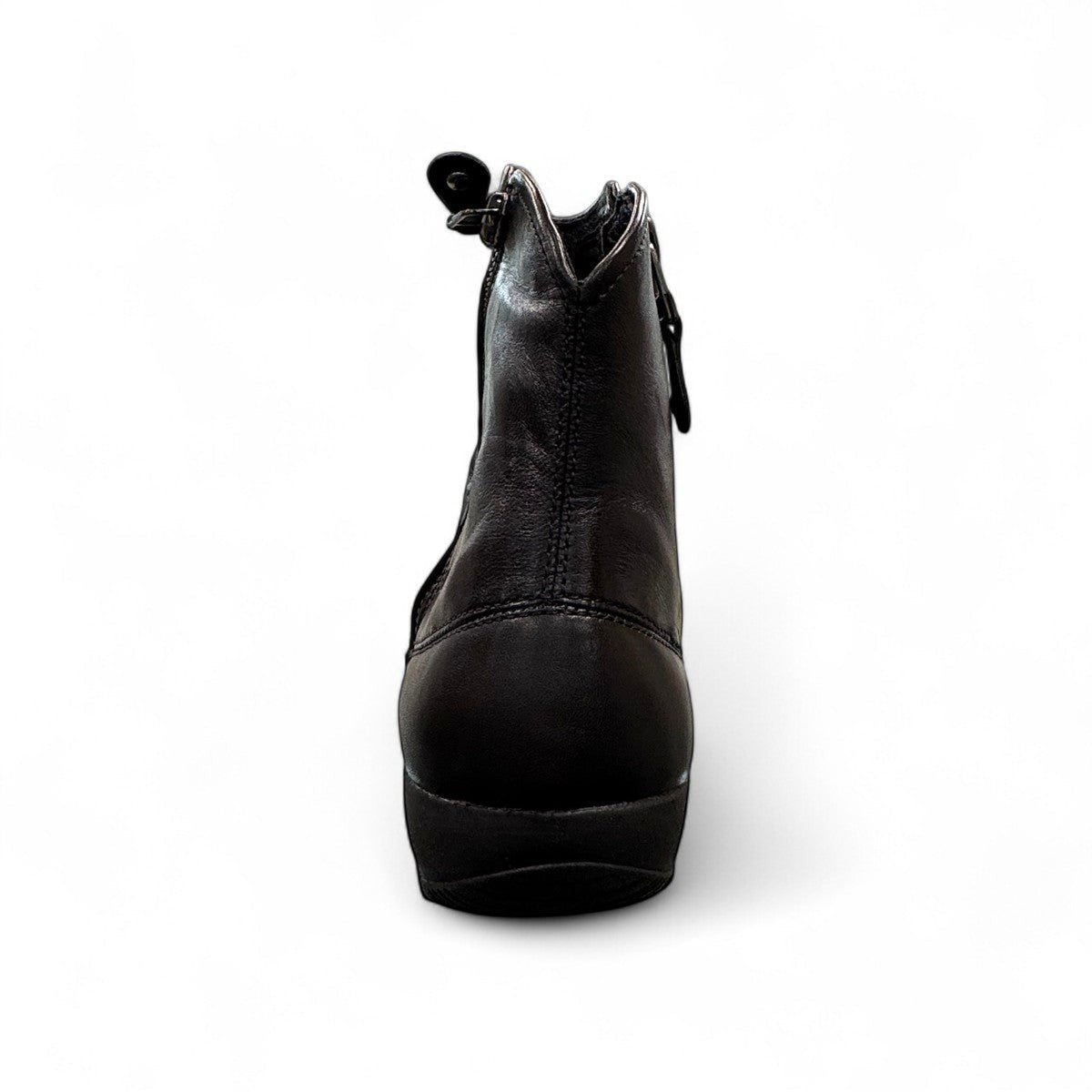 Josef Seibel Naly 24 black leather ruched ankle boot with side zips and low wedge sole.
photo of the back.