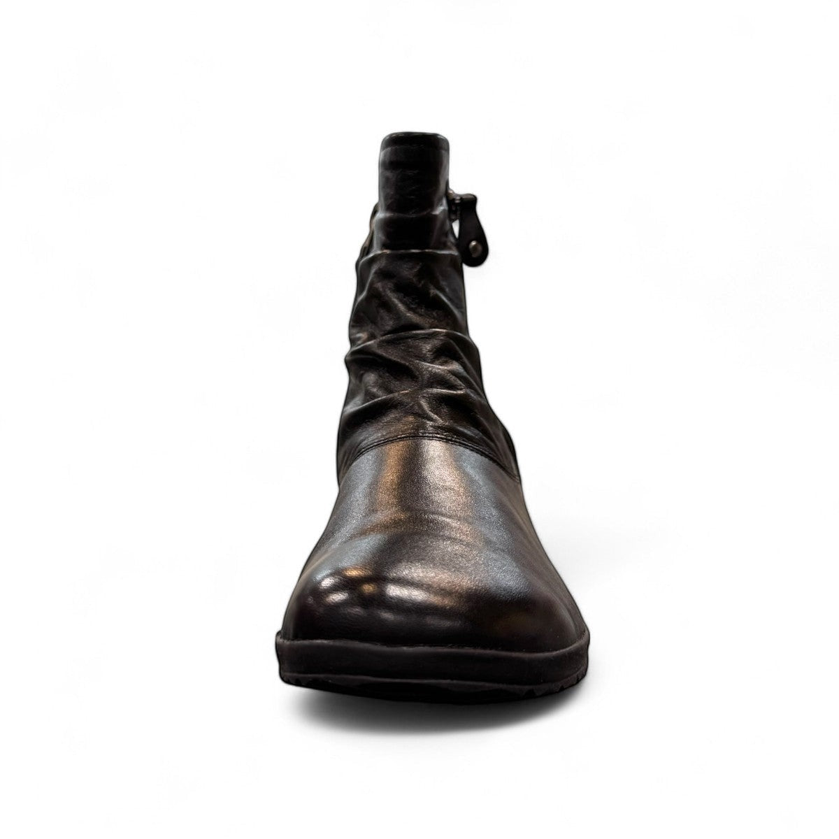 Josef Seibel Naly 24 black leather ruched ankle boot with side zips and low wedge sole. photo of the front.