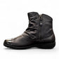 Josef Seibel Naly 24 black leather ruched ankle boot with side zips and low wedge sole.
photo of the left side.