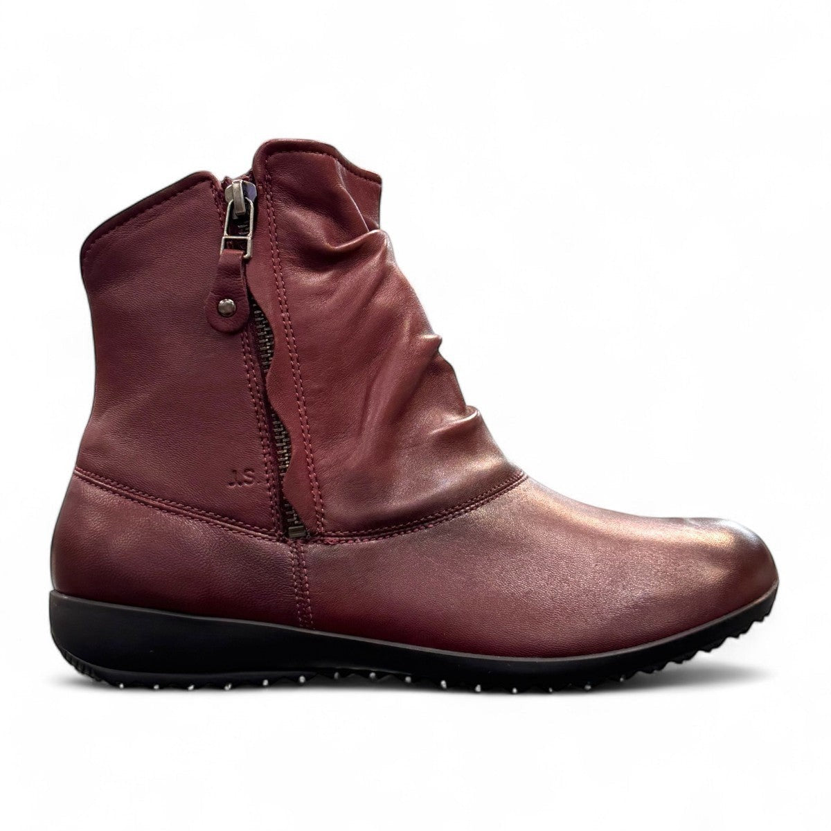 Josef Seibel Naly 24 bordo leather ruched ankle boot with side zips and a low wedge sole. photo of the right.