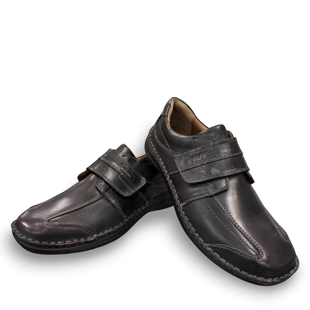 Josef Seibel New Anvers 02 black cowhide leather shoe with hook-and-loop closure and decorative stitching