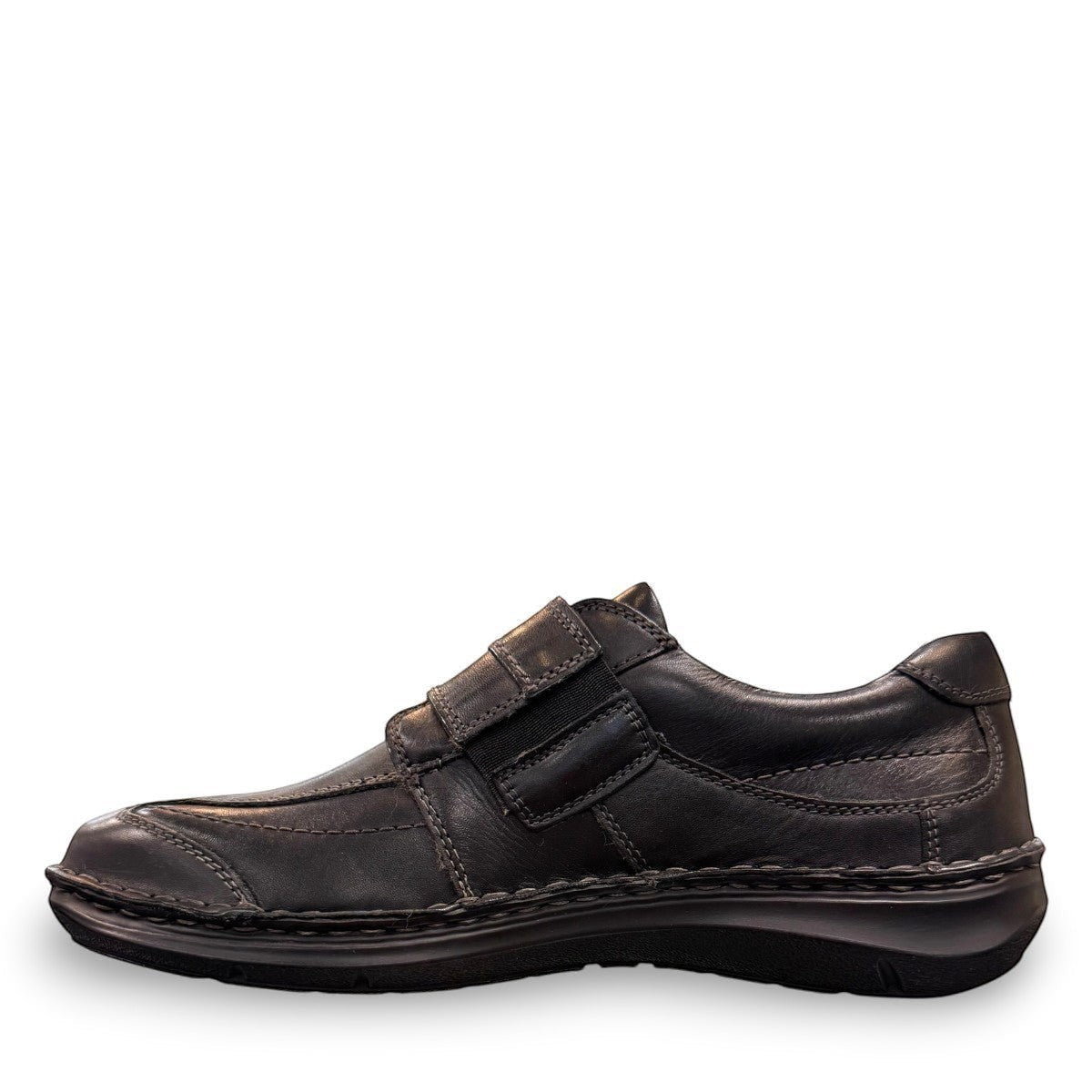 Josef Seibel New Anvers 02 black cowhide leather shoe with hook-and-loop closure and decorative stitching
