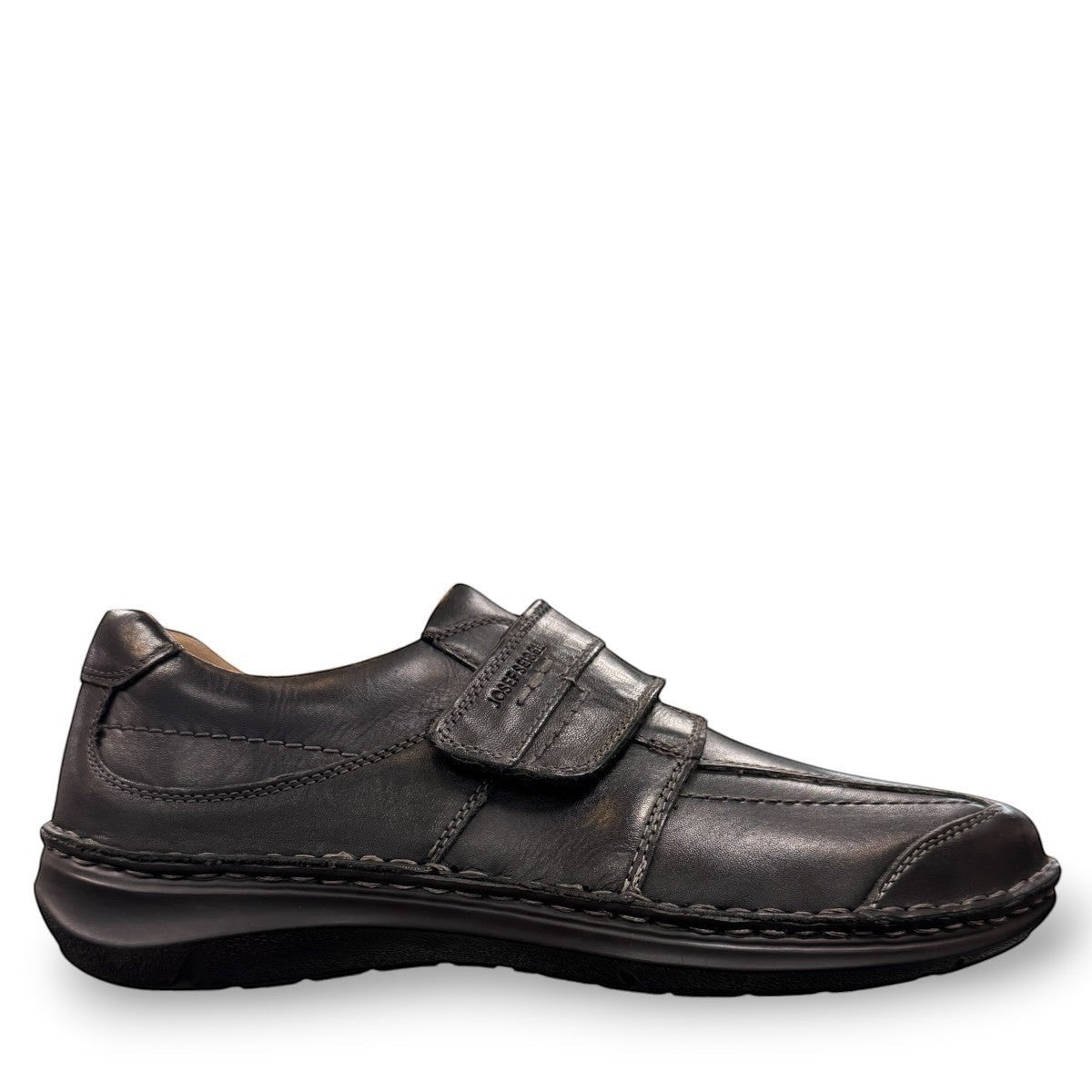 Josef Seibel New Anvers 02 black cowhide leather shoe with hook-and-loop closure and decorative stitching