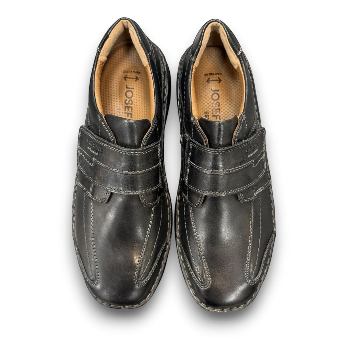 Josef Seibel New Anvers 02 black cowhide leather shoe with hook-and-loop closure and decorative stitching