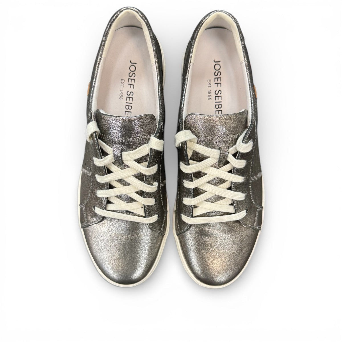 Josef Seibel Caren 01 platinum metallic leather lace-up sneaker with perforated side detail. photo of the top.