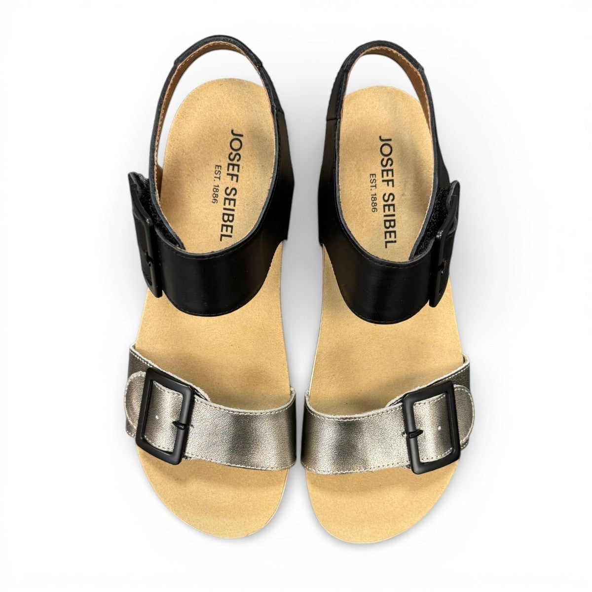 Josef Seibel Quinn 02 wedge sandal in basalt kombi leather with adjustable straps and cork midsole.
photo of the top.