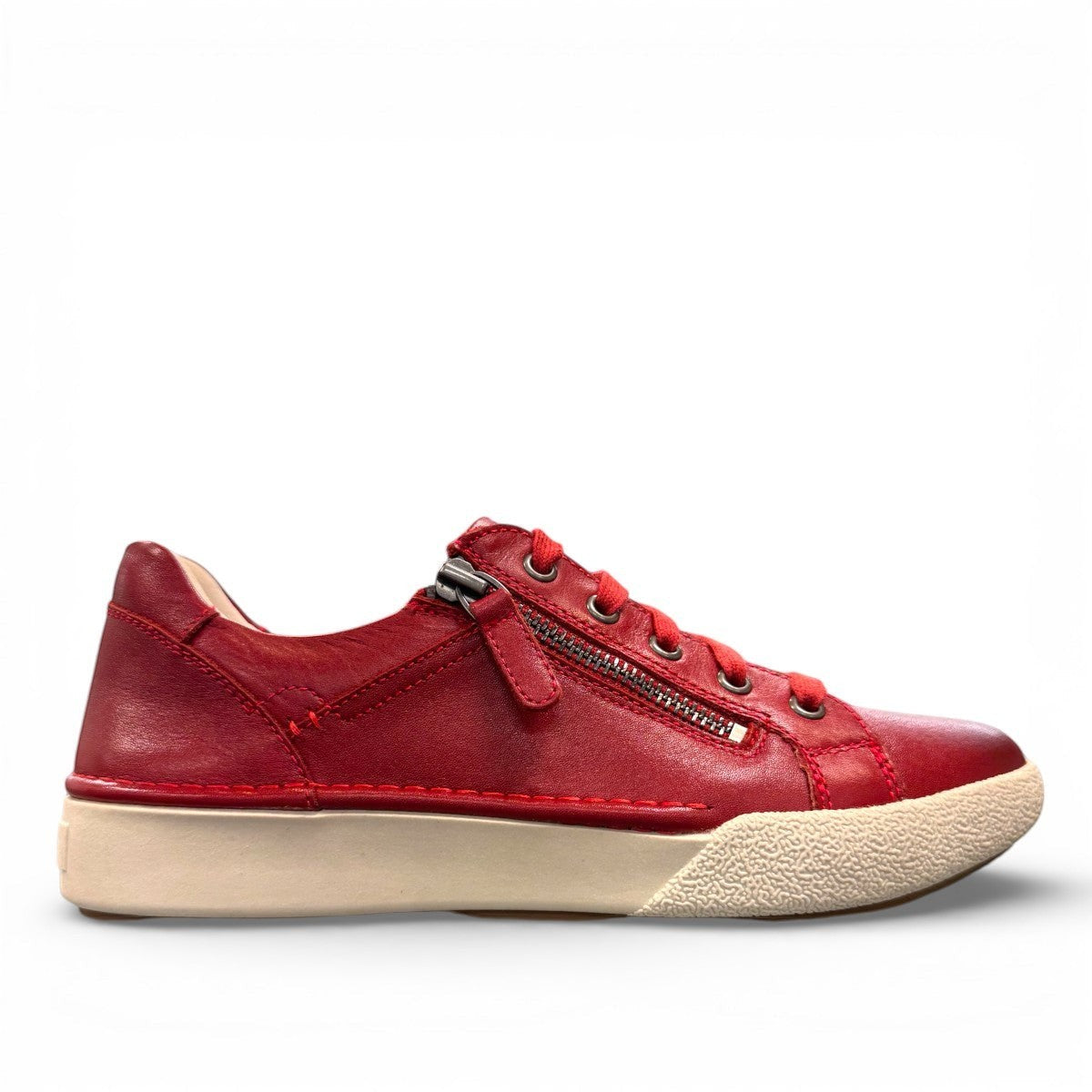 Josef Seibel Claire 03 hibiscus red leather sneaker with side zip and white rubber sole.photo of the right.
