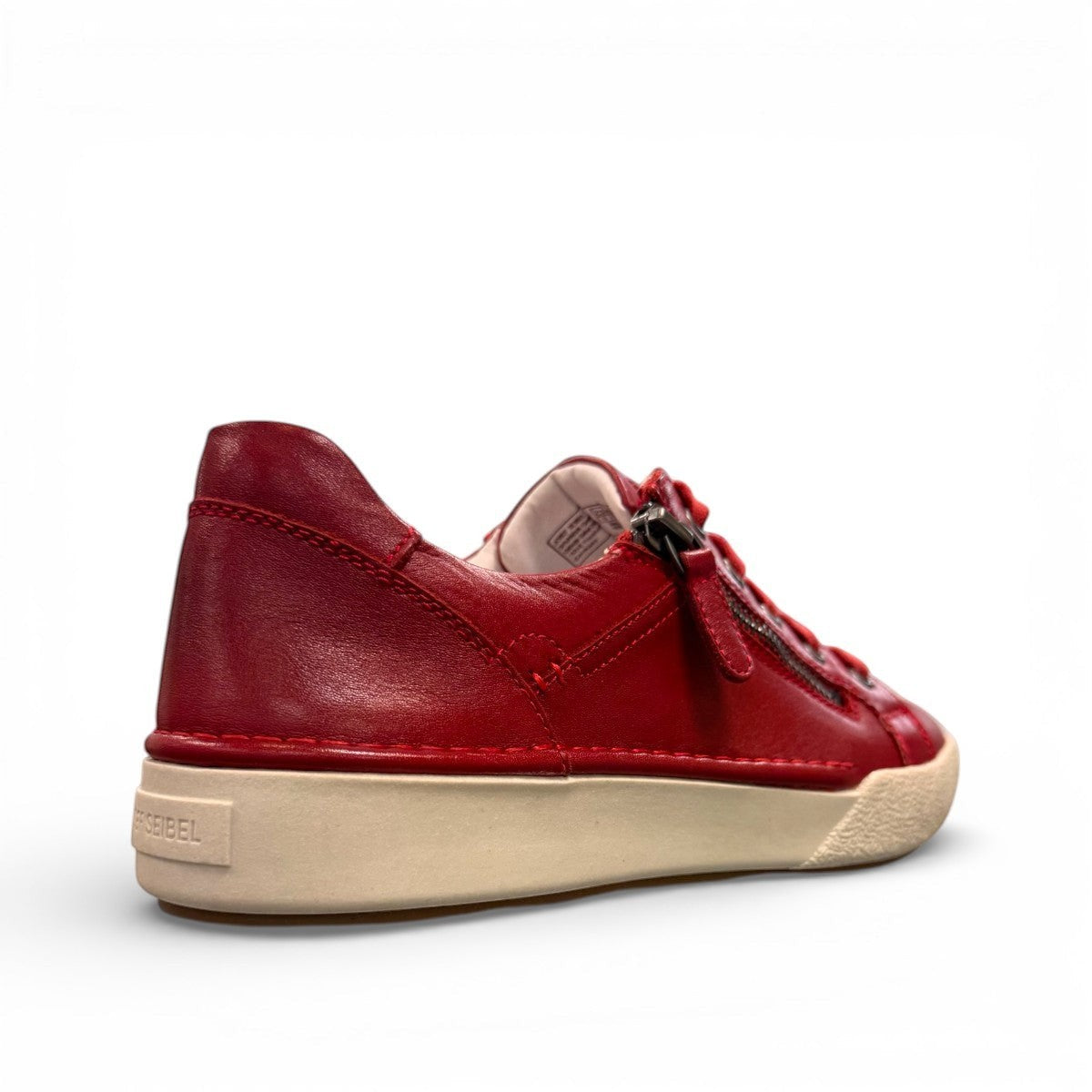 Josef Seibel Claire 03 hibiscus red leather sneaker with side zip and white rubber sole.photo of the back.