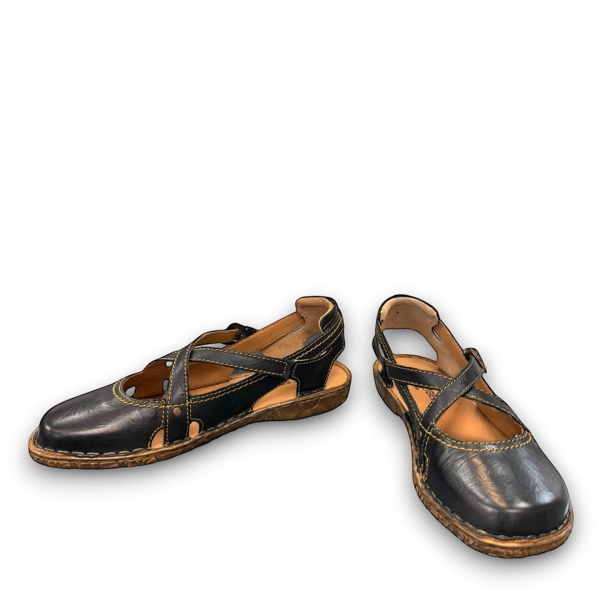 Josef Seibel Rosalie 13 black oiled leather closed-toe sandals with hand-stitched detailing. Photo from the front.