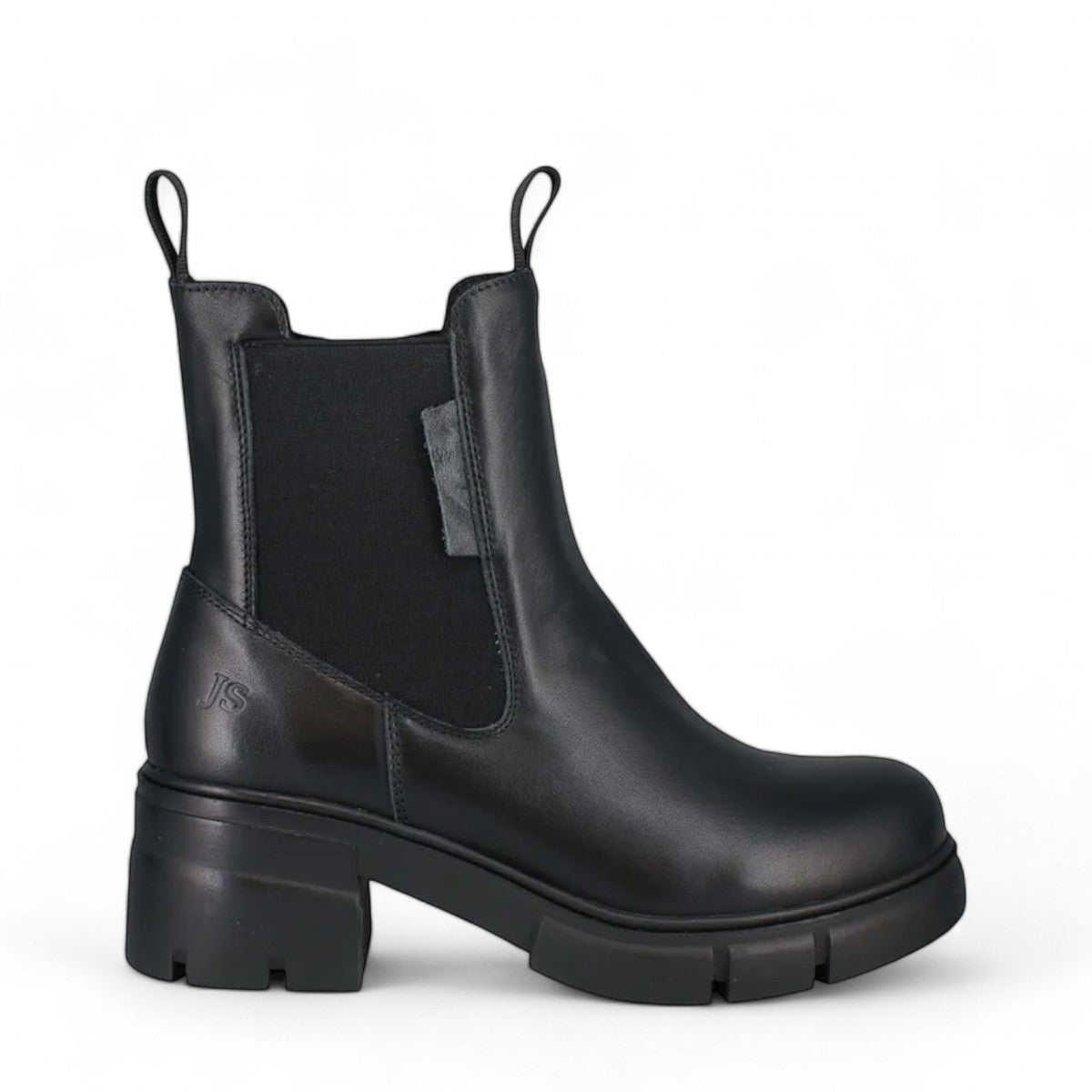 Josef Seibel Teresa 01 black leather Chelsea boot with a chunky rubber platform sole and side pull tabs.
photo of the right side.