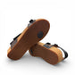 Josef Seibel Tonga 25 black leather sandals with three adjustable straps and cork midsole. photo of the bottom.