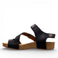 Josef Seibel Tonga 25 black leather sandals with three adjustable straps and cork midsole. photo of the left side.
